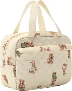 Large Size Quilted  Makeup Bag, Cute Preppy Floral Cotton Travel  Organizer Bag with Top Handle, Multi-Layer Travel Toiletry Pouch for Girls (04Bear)