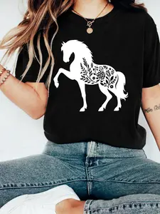 Floral Horse Print T-Shirt, Casual Loose Fit, Breathable Cotton Fabric, Vintage Ethnic High Street Style, Unisex Couple Wear