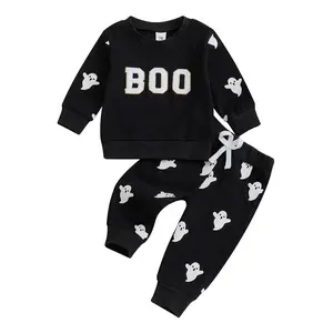 REDWOON Toddler Baby Boy Halloween Outfits Boo Embroidery Ghost Print Long Sleeve Crewneck Sweatshirt Pullover Tops and Elastic Pants Fall Winter Clothes