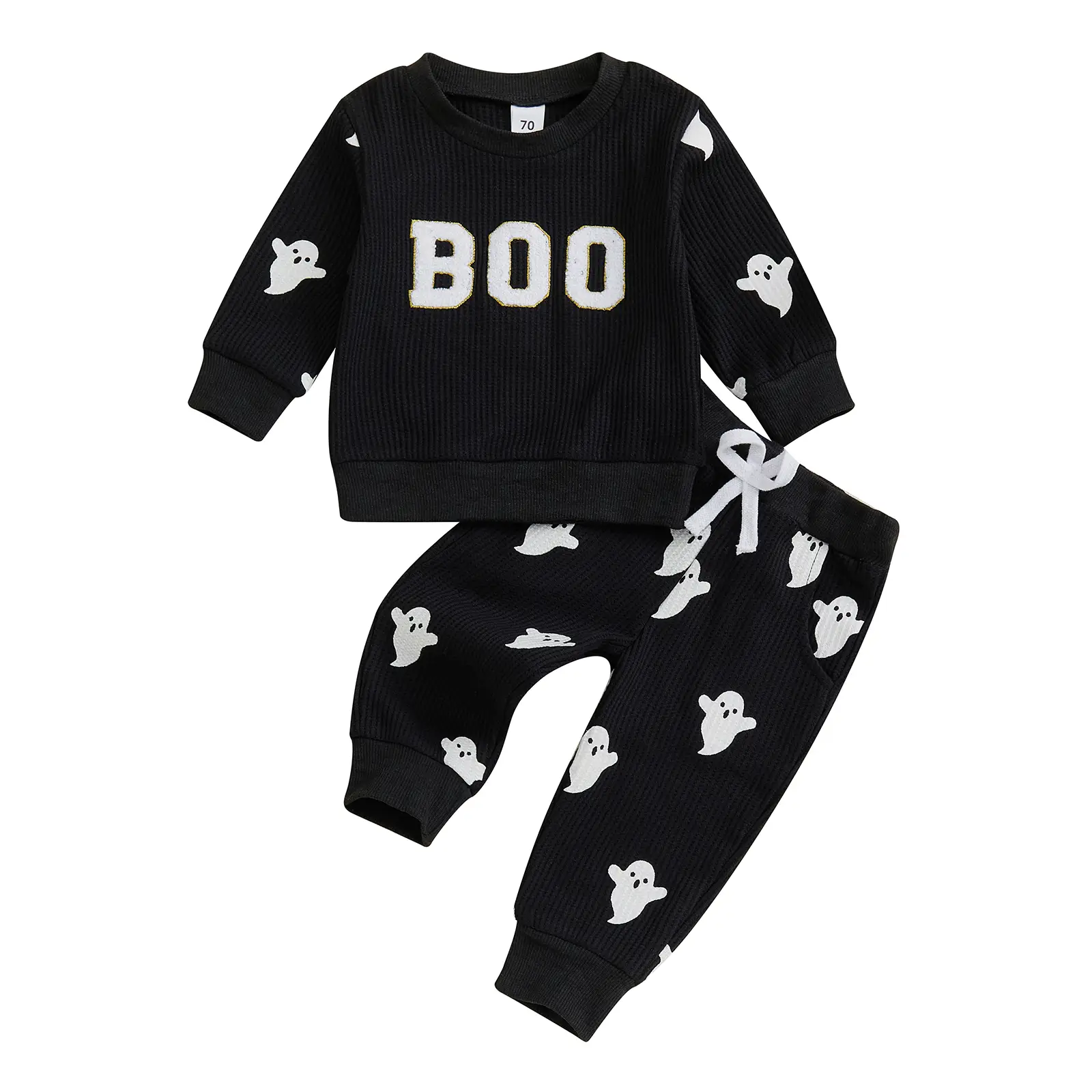 REDWOON Toddler Baby Boy Halloween Outfits Boo Embroidery Ghost Print Long Sleeve Crewneck Sweatshirt Pullover Tops and Elastic Pants Fall Winter Clot
