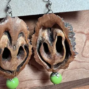 Black Walnut Shell Earrings with Green Repurposed Bead - Women's Fashion Accessories