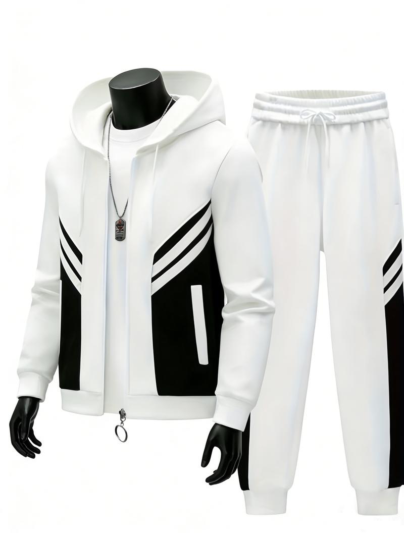 2026 New Men's Hooded Cardigan Two-Piece Set, Black and White Color-Block Striped Set, Zipper Hoodie Top + Jogger Pants, Trendy Patchwork Design, Perfect for Daily Wear, Casual Outings, and Commuting