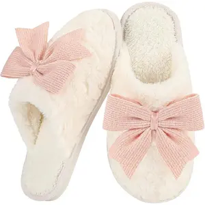 Women's Cute Cartoon Bowknot Pattern Plush Slippers, Casual Soft Comfortable Home Slippers, Warm Slippers for Indoor & Outdoor Use for Fall & Winter, Warm House Slippers Footwear Walking Shoes Pink