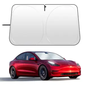 Tesla Model 3/Y Windshield Sunshade, Reflective Polyester Fiber Blocks Heat and Sunlight, Foldable Car Window Sun Visor, Rearview Mirror Cutout, Fade-Resistant Sunshade, Durable Sun Shade, Tesla 3/Y Accessories