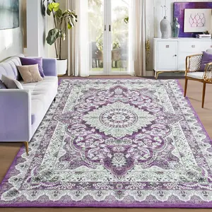 Purple Machine Washable Faux Wool Vintage Rug for Bedroom,Dining Room, Low Pile Soft Boho Floor Covering Carpet Retro Distressed Medallion Mat Traditional Interiors,Non-Slip Backing,Indoor Floormat Home Decor,5x7,6x9,8x10