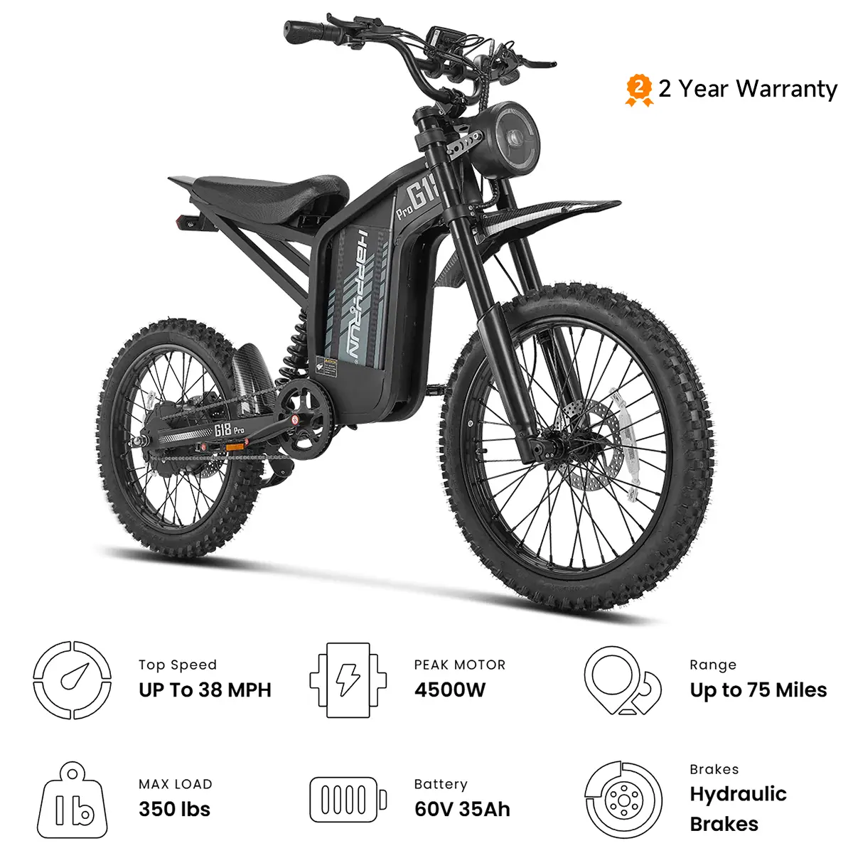 HAPPYRUN G18pro Electric Bike for Adults – 4500W Peak Motor, 60V 35Ah Battery, 75 Mile Range, 5-Level Speed Control, Full Suspension, Hydraulic Brakes, 19″/17″ Off-Road Tires