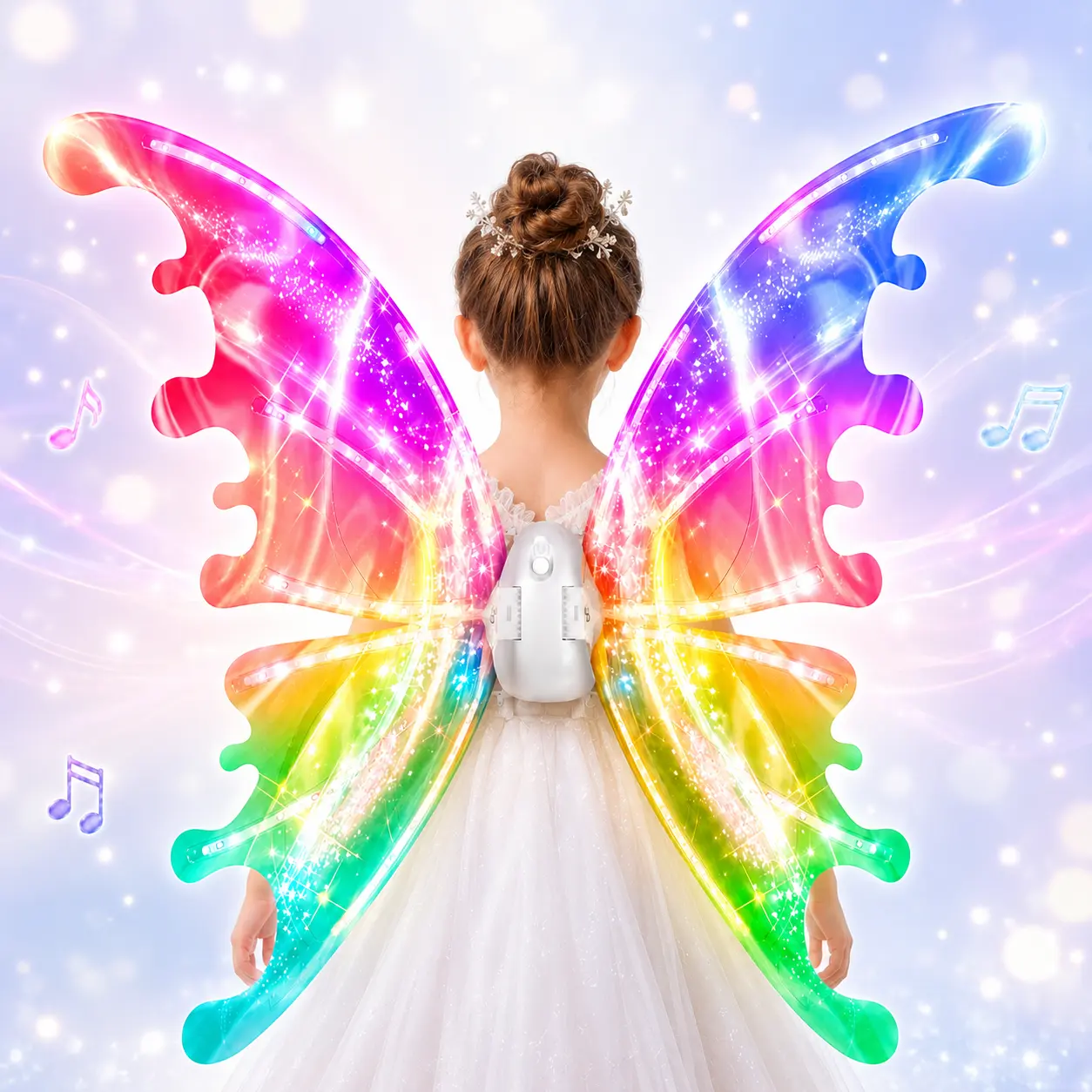 Light-Up Moving LED Lights Rainbow Fairy Wings for Little Girls (3+ Years), Adjustable Straps Butterfly Costume Wings with Music for Halloween, Birthday Party