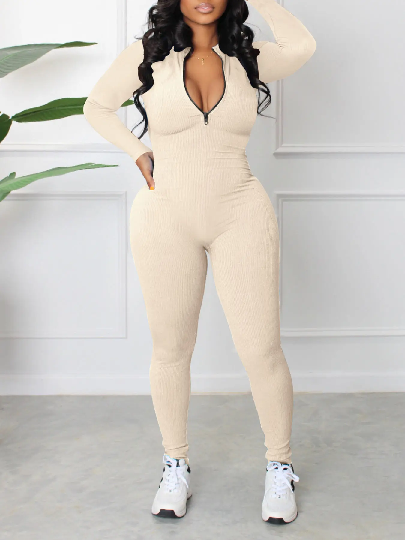 Women's Sporty Zipper Design Covered Bust Tight Fitting Jumpsuit, M3112 European & American Style New Arrival, Quick-Delivery Fashion Piece