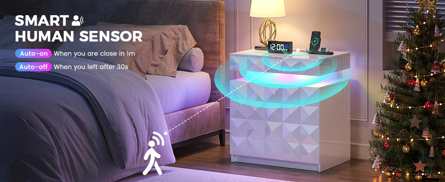 Dystler LED Nightstand Set of 2 with Charging Station,3 Drawers Night Stand with Lockable Hidden Storage,Smart Bedside Table with Human Sensor RGB Lights for Bedroom,white