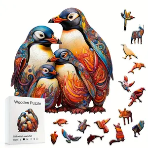 Colorful Penguin Family Difficult Magic Puzzle Toy, Irregular Animal Shape Wooden Puzzle, Birthday Holiday Adult Gift, Brain Teaser Wooden Toy