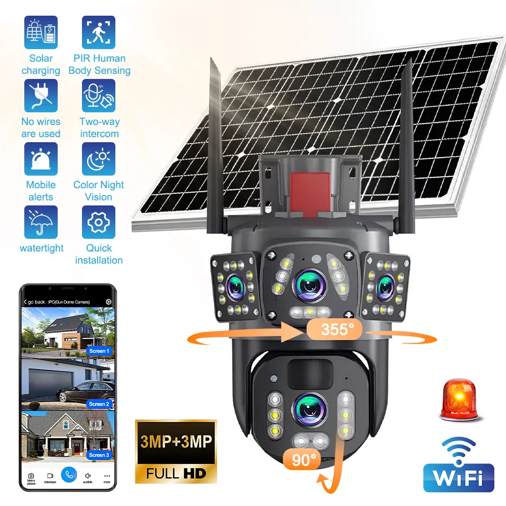 【DealsForYou】Outdoor Security Camera Wireless, 3 Lens 6K 9MP 360° PTZ WiFi Camera, 10X Zoom, Color Night Vision, Motion Tracking, Two-Way Audio, IP66 Waterproof, Home Security Camera