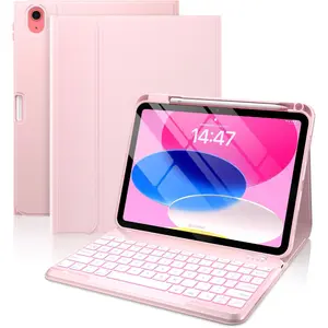 Folio Keyboard Case for iPad 10th Gen 10.9 inch (2022) and iPad 11th (A16, 2025),   Detachable Keyboard, 7-Color Backlight, Thin & Light, Pencil Holder - Light Pink