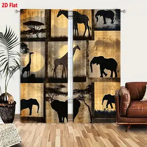 2D Flat 2-Pack African Wildlife Curtains Set, 9-Panel Grid Artistic Silhouette Design with Giraffe & Elephant Silhouettes, Vintage Sepia-Toned Retro African Savanna Themed Blackout Curtains for Living Room Bedroom, Textured Monochromatic Nature Dec