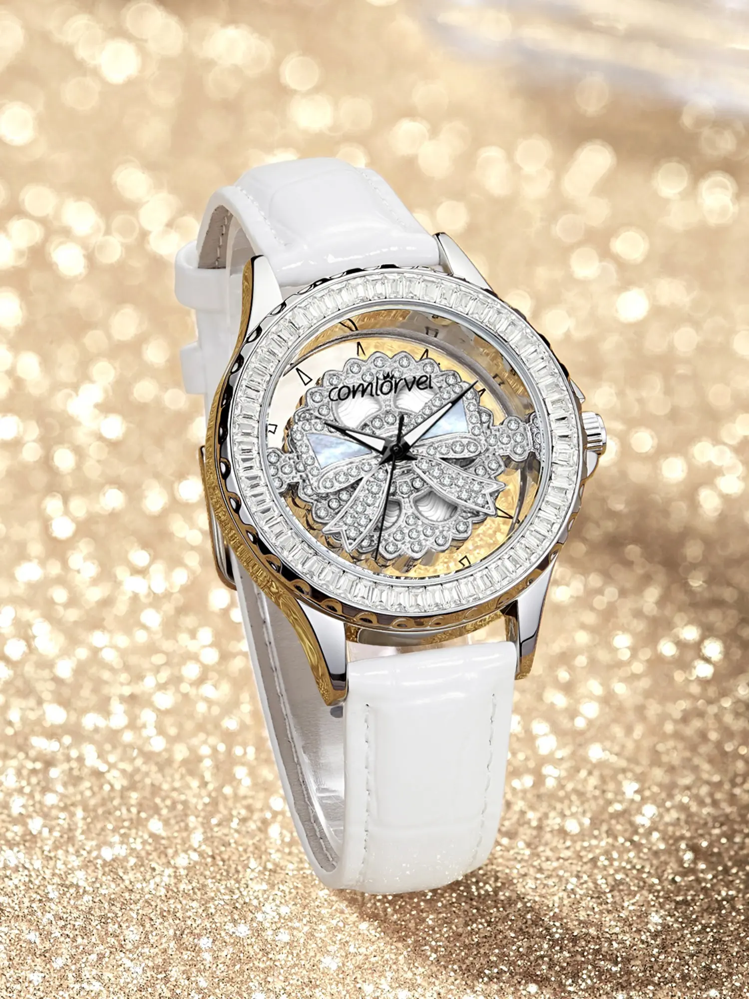 Women's Elegant Quartz Watch with Butterfly Design, Rhinestone Hollow Out, Alloy Case, Analog Display, Silver Color, All Seasons