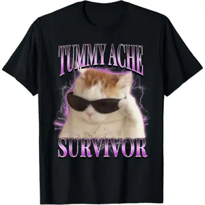 "I Survived Today’s Tummy Ache Silly Cat Meme Graphic Tee – Walk by Faith & Flower Print Design, Casual Unisex T-Shirt, Trendy Streetwear Top for Men & Women, Soft Cotton, Lightweight & Breathable Everyday Wear, Fun Gift😸"
