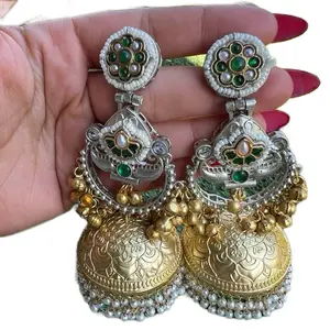 German Silver Jumkas - Traditional Design with Green Gemstones and Gold Accents Earrings