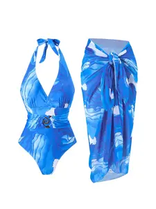 Women's Slim-Fitting Leaf Print One-Piece Swimsuit Set, Asymmetrical Design Sleeveless Beach Cover-Up Dress, Casual All Seasons Swimwear Swimsuit Cover Ups