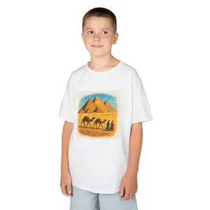 Egypt Pyramids Camel Caravan Childrens Tee - Soft Cotton Desert Illustration Vintage Travel Shirt, Breathable Summer World Explorer Top, Cultural Everyday Wear