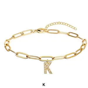 Gold Paper Clip Link Chain Luxury Charm Bracelet Initial Letter Name with Black Sparkling for Personalized Jewelry