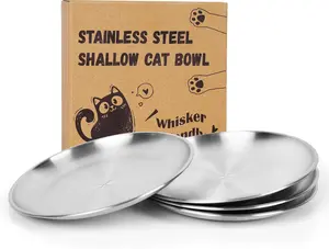 NEW 4-Pack Stainless Steel Cat Food Bowls, Shallow Whisker-Friendly Non-Slip Silicone Base Metal Dishes, Easy to Clean Indoor Feeding Flat Plates for Cat, Kitten, Small Dog (6.7")