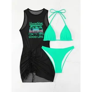 Fashionable Sexy Drawstring Bikini 3pcs Set Cover-Up Beach Vacation Swimwear Women'S tankini swim set