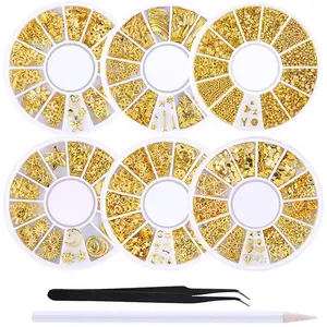 6 Boxes Gold Metal Nail Studs Rose Star Moon Feather Nail Charm Kit 3D Nail Art Jewelry Decoration With 1Pc Tweezers And Picker Pencil