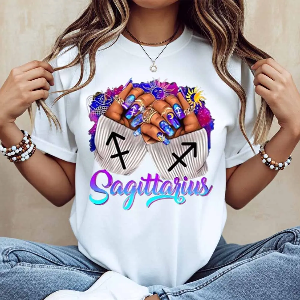 Sagittarius Zodiac Sign With Hands And Flowers Print T Shirt White Casual Short Sleeve Top For Everyday Wear And Leisure Activities