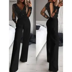 Ladies Stylish Black Mesh Sequin Deep V Neck Long Sleeve Jumpsuit Slimming High Waist Wide Leg Outfit Spring Fall