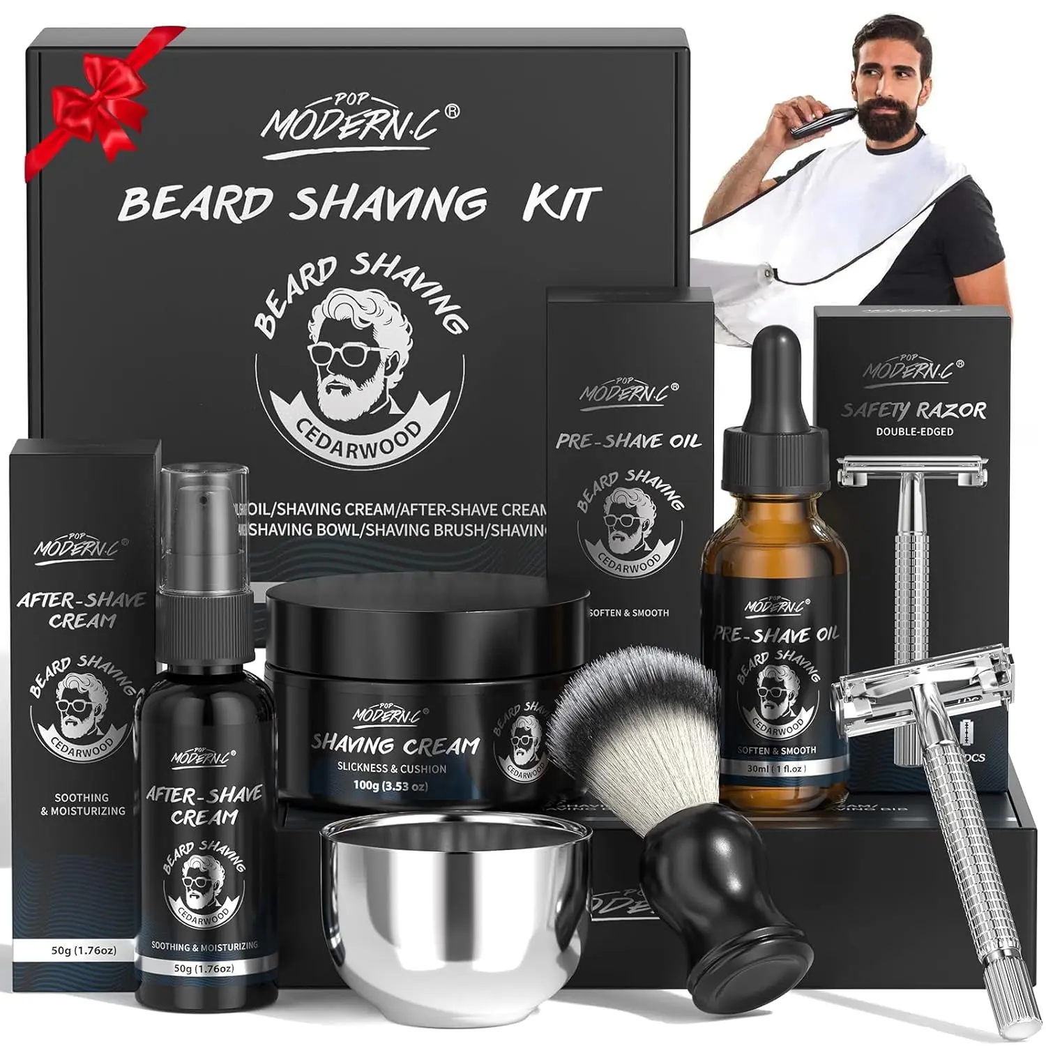 Men's 8-Piece Shaving Kit Gift Basket - Safety Razor, Brush, Cream & More for Sensitive Skin, Christmas, Father's Day, Dad, Brother, Husband, Shaving Cream