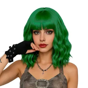 Green Wig for Women Short Bob Wigs with Bangs Natural Synthetic Wig Shoulder Length Colorful Wigs for Daily PartyUse hair fiber material leticia wavy comfortable hairpiece