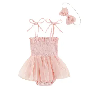 Infant Girls Casual Romper with Headdress, Floral Embroidery Tie-up Off-the-shoulder Jumpsuit with Yarn Hem