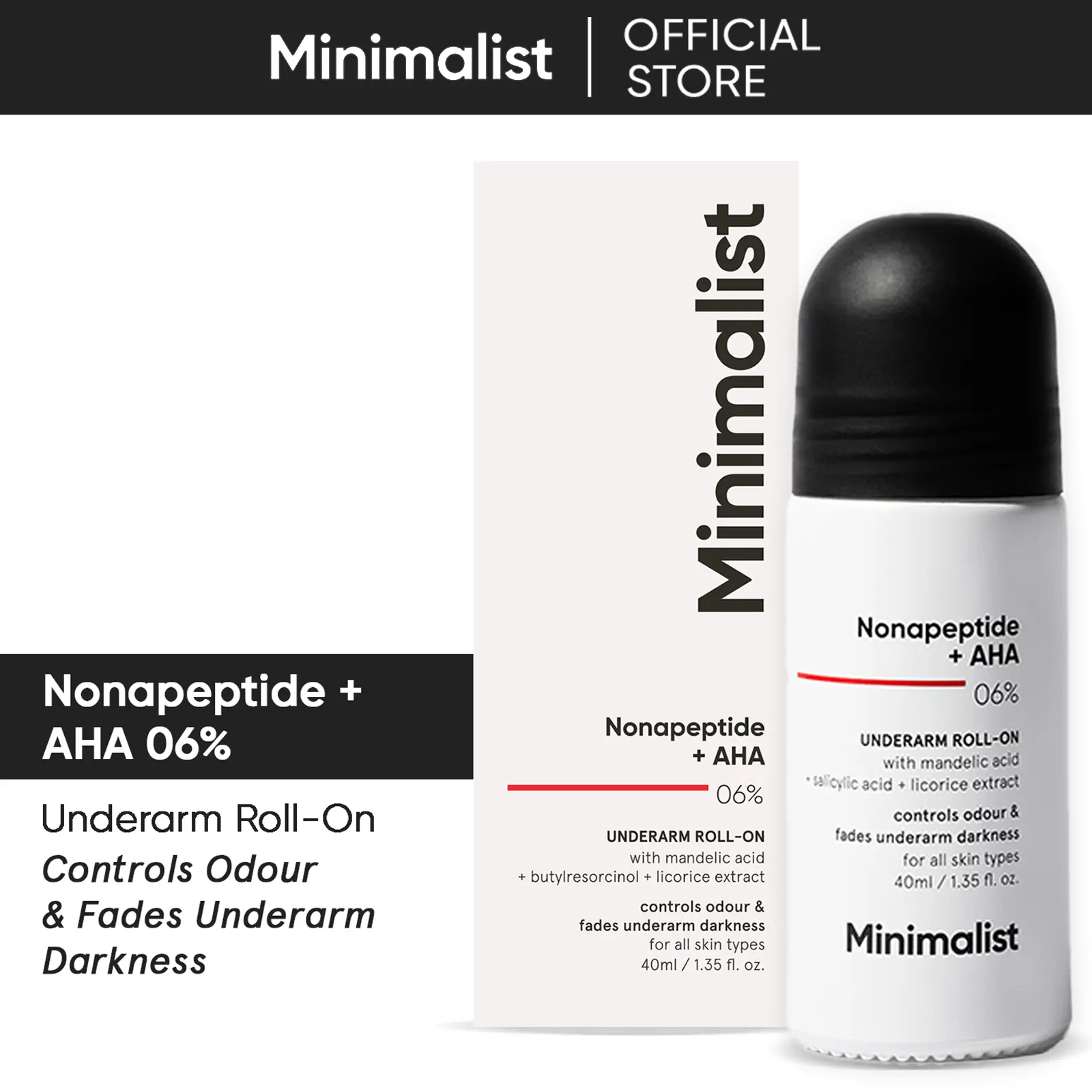 Minimalist Nonapeptide + 6% AHA Underarm Roll-On Deodorant, Fragrance & Aluminium Free Exfoliant for Odour Control & Pigmentation, Gentle Deodorizing Low Tox Alcohol Free Armpit Care Deodorant for Women & Men, Armpit Care Deodorants