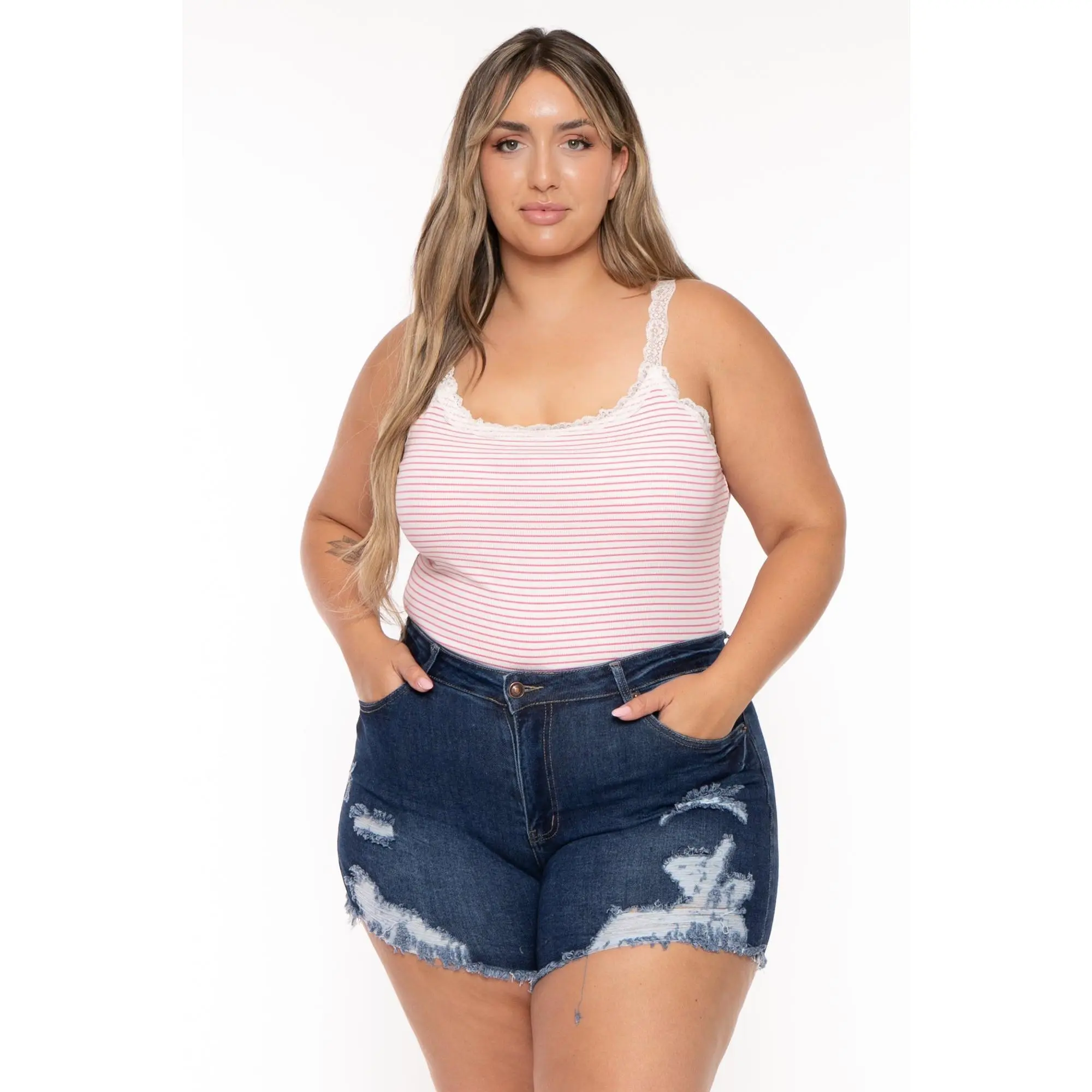 Plus Size Destroyed Denim Short - Dark Wash