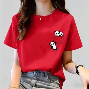 Women Short Sleeve Top Summer New Pocket Panda Cartoon Printed T-shirt Korean Fashion Women Tops Loose Round Neck T Shirt Women Casual Crewneck Womenswear Tshirt
