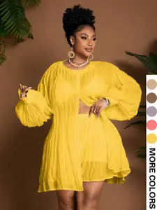 Women's Plus Size Shorts Set, Bubble Sleeve Design with Button Front, Textured Wrinkled Fabric, Lightweight Breathable, Spring Summer Vacation