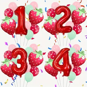 Fruit Theme Aluminum Foil Balloon Set, Matte Strawberry Balloons, Festive Birthday Party Decorations, 32 Inch Number Balloons