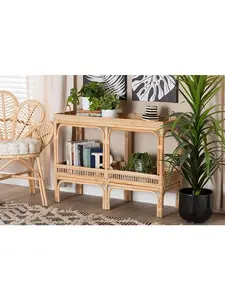 212 MAIN Lombok Series Modern Bohemian Natural Rattan Console Table - 39.4x15x30.1 in, Fully Built, Open Shelves for Indoor Living Spaces
