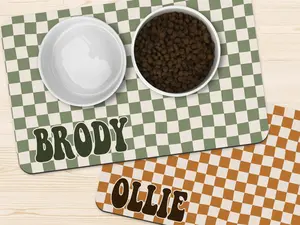 Custom Checkered Print Personalized Dog Food Bowl Mat