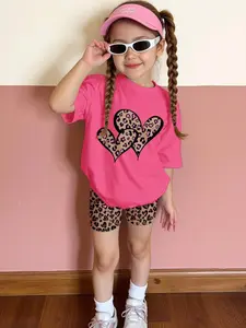 Girls' Leopard Heart Print Set, Summer Casual, 2-Piece Girl T-Shirt & Tight Shorts, Comfortable Elastic Waist Pants, Ages 4-12