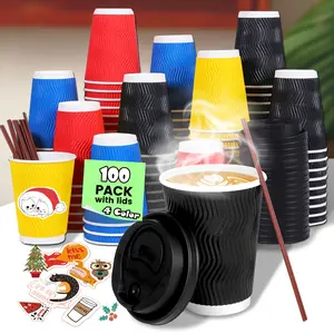 12 oz Coffee Cups 100 Pack, Disposable Coffee Cups withLids and Straws, Insulated Ripple Wall To Go Paper CoffeeCup for Coffee, Hot Chocolate and Hot Tea Drinks (4 Color)
