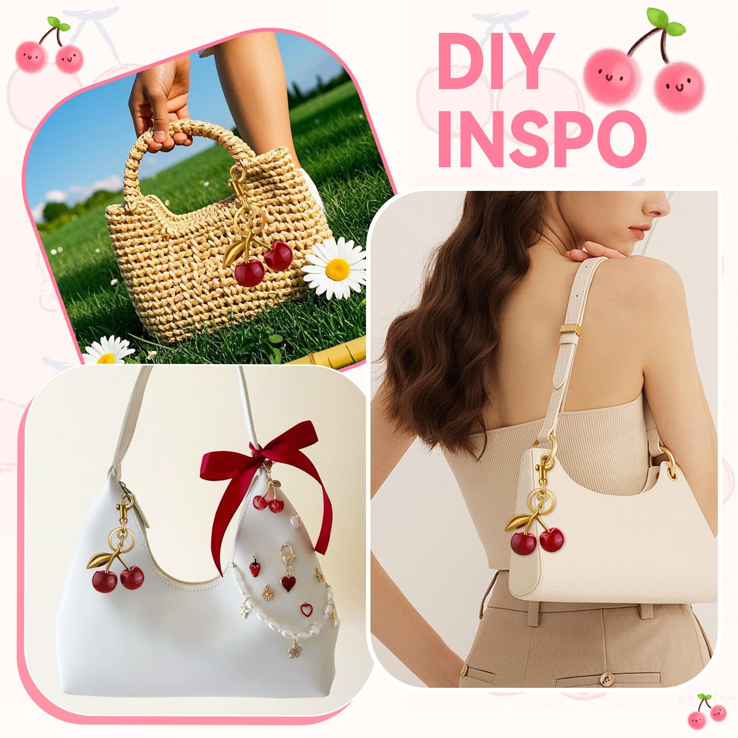 Red Cherry Purse Chain Charms, Cute Red Cherry Bag Charm for Handbags, Red Cherry Keychain Accessories, Gifts for Women