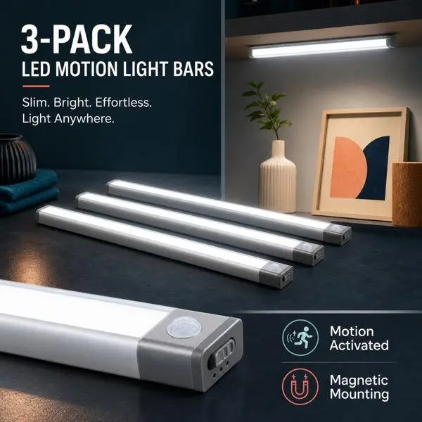 3-Pack LED Motion Sensor Dimmable Cabinet Lights with Magnetic Mount and USB Charging