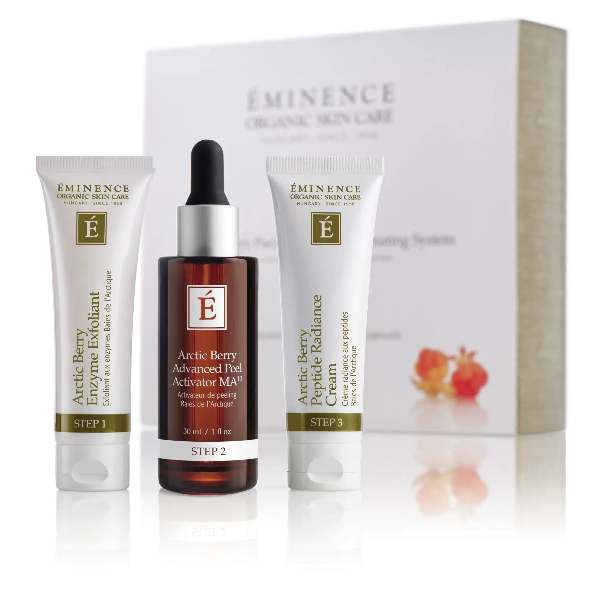 Eminence Organics Arctic Berry Peel & Peptide Illuminating Skin Care Kit - Soothing Cream with Rosacea Support, Vitamins, Papaya Extract, Salicylic Acid, Moisture-Boosting Blend for Acne Relief & Radiance Restoration