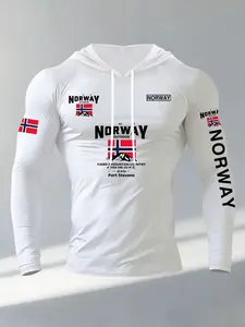 Men's Hooded Long Sleeve T-Shirt, Casual Fitted Style, Graphic Letter Flag Pattern, Comfortable Daily Wear, Spring & Fall