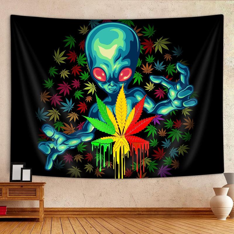 Cool Weed Tapestry for Men, Trippy Alien Stuff Marijuana Leaf Tapestry Wall Hanging for Bedroom, Psychedelic Tie Dye Stoner Tapestries Poster Beach Blanket College Dorm Home Decor (40X30)
