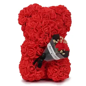 Rose Teddy Bear Artificial Flower Anniversary Valentines Day Birthday Gift for Women Decor, Red Bouquet Ornament with Flower Design Decorative Fruit Plants Light