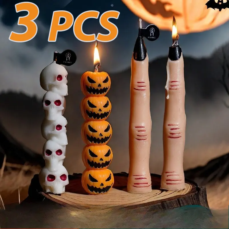 3-Piece Handmade Soy Wax Pumpkin Ghost Finger Scented Candle Set, Household Candle for Halloween, Spooky Lighting Decor, Creative Cross-Border Small Gift