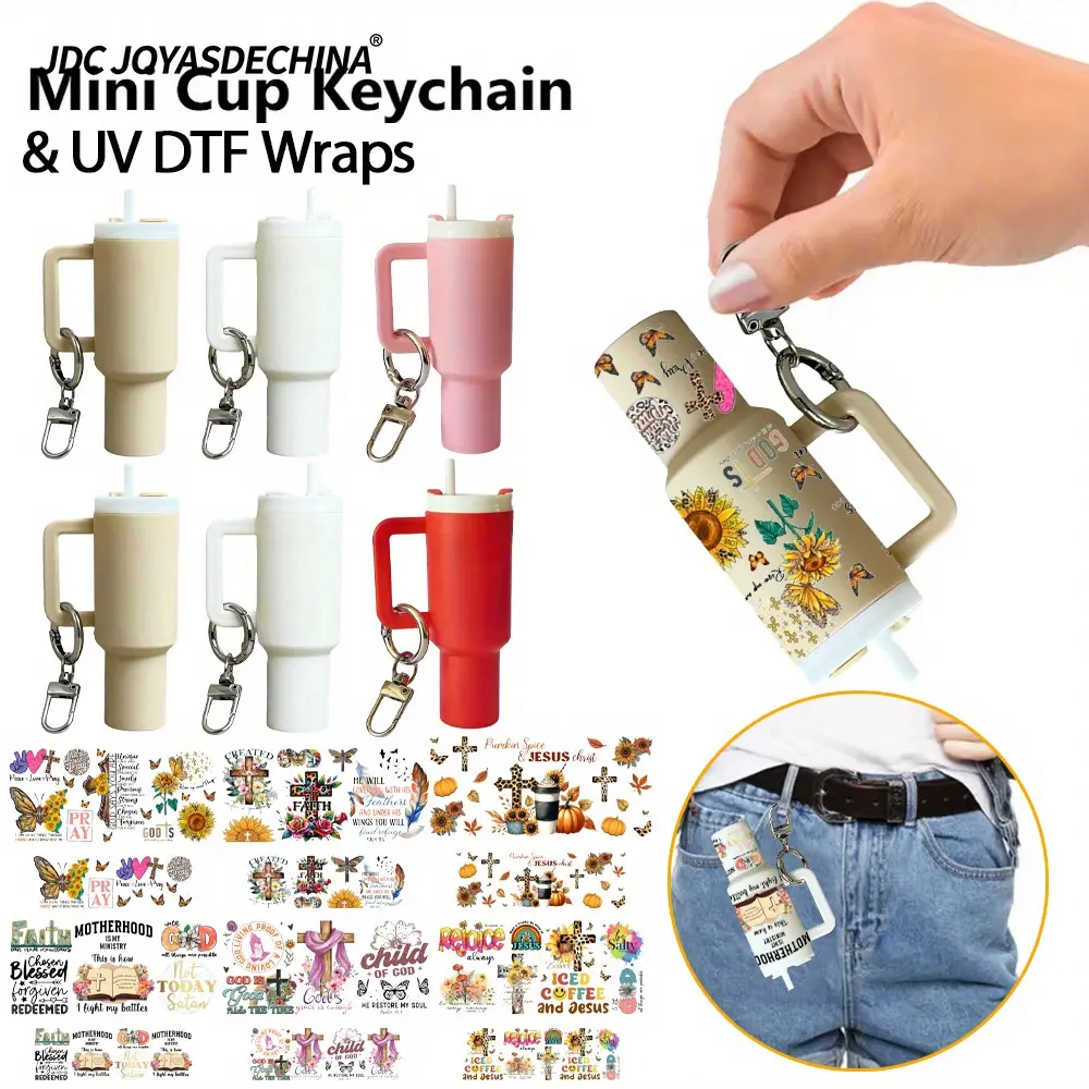 8pcs/12pcs Mini Cup Keychain Nurse UV DTF Cup Wraps Cross Bible Christianity UV DTF Cup Wraps Rub on Transfer Stickers Mini Cup Decoration for Stanley Accessories Minicup