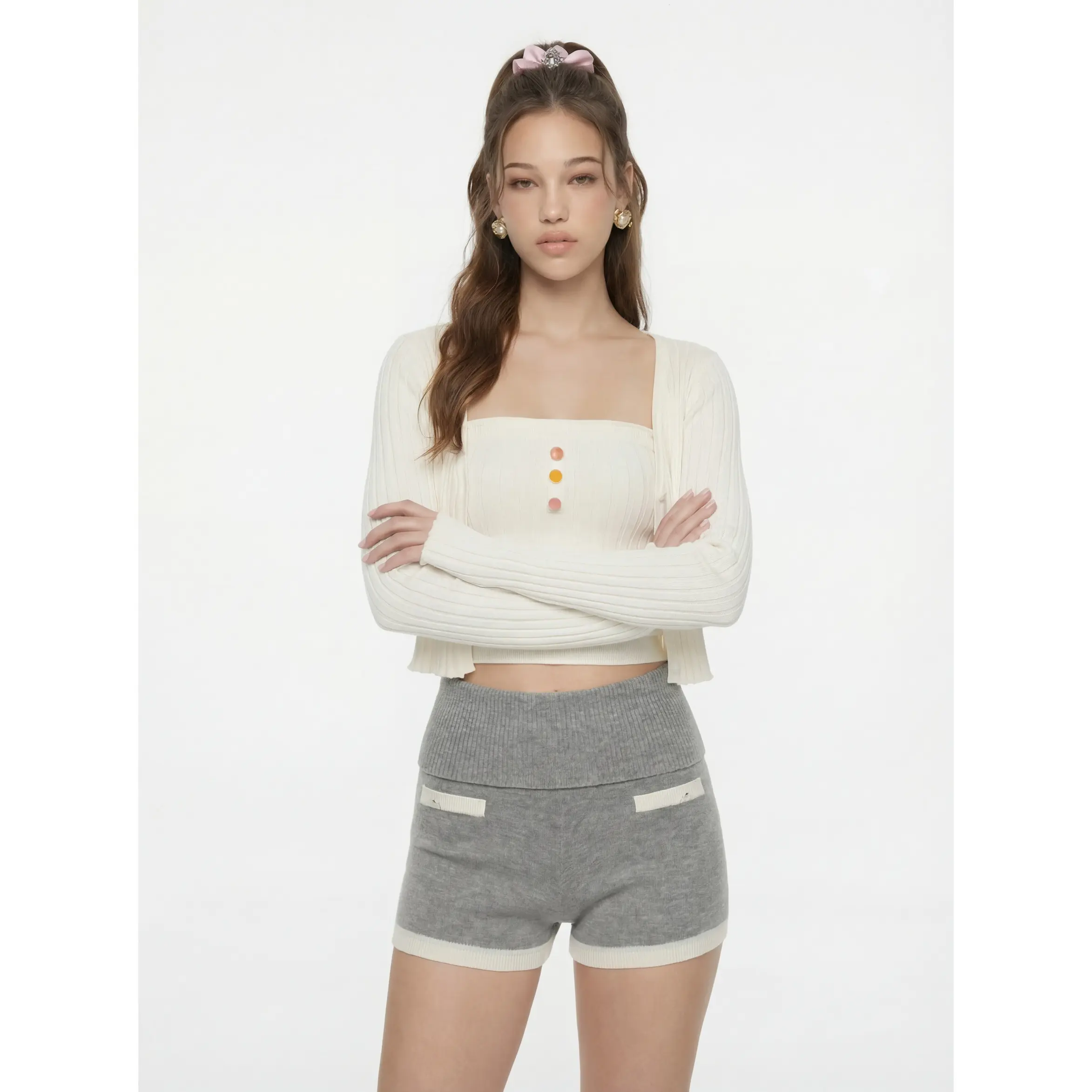 Jane Cropped Ribbed White Knit Cardigan