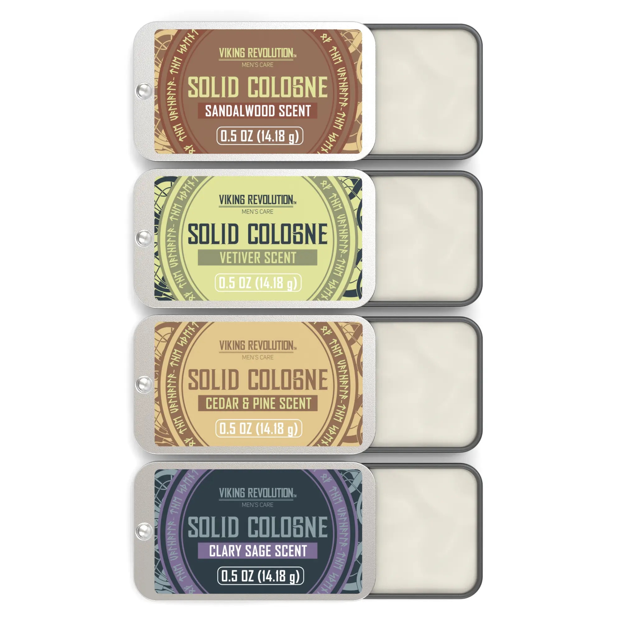 Viking Revolution - 4 pack Solid Cologne for Men – Travel Size Balm | Cedar, Sandalwood, Vetiver, Clary Sage Citrus Cedarwood Amber Woody Spicy Fragra